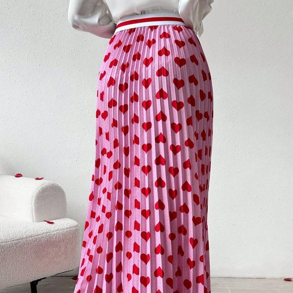 Hot Pink Casual Womens Women's Love Heart Printed Pleated Skirt - Picture 2 of 5
